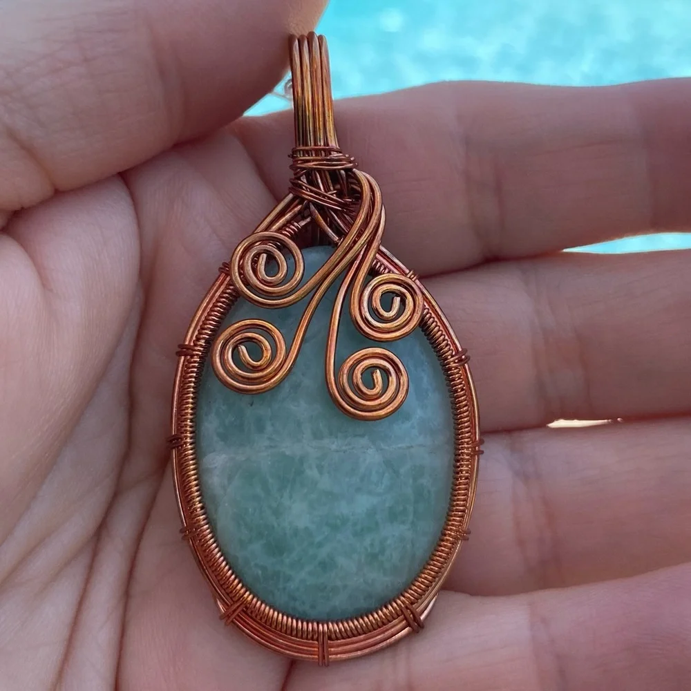 P-46 🖤 Amazonite Gemstone Crystal copper Wire Wrapped Pendant Necklace - Picture 3 of 6
